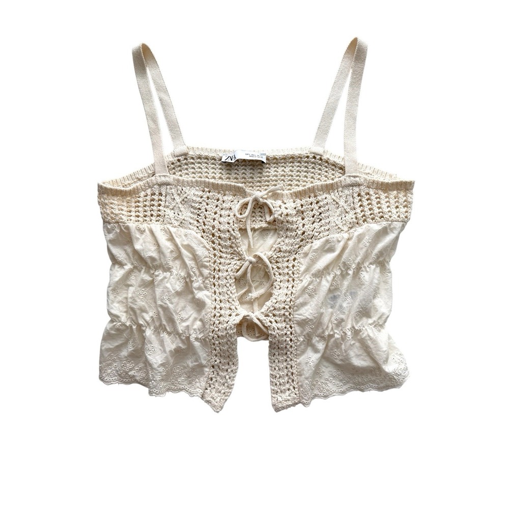 Zara Tie Front Eyelet Crotchet Crop Top Women Large Cream Coastal Beach Festival
